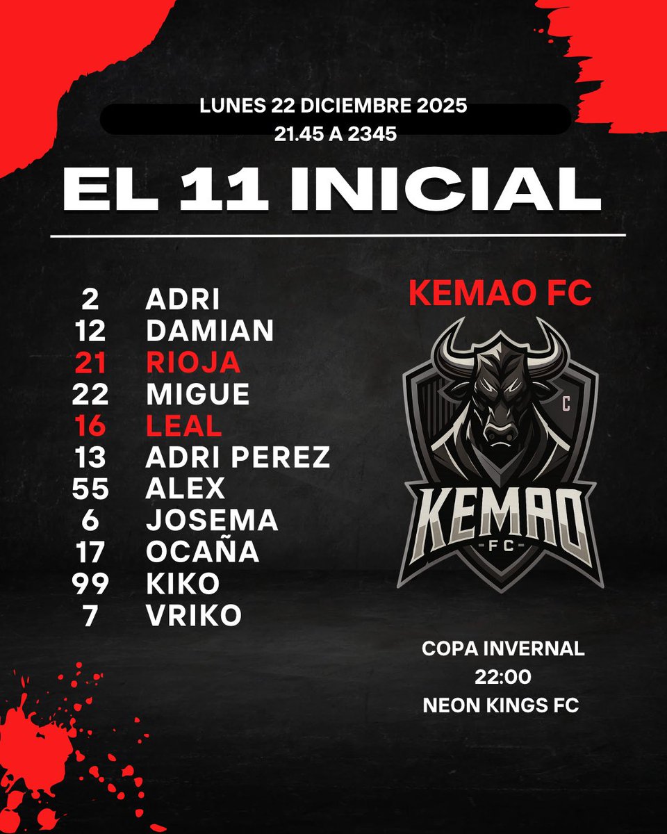HOY HAY PARTIDO!!!

🚨 Debutamos en el torneo COPA DE CAMPIONES INVERNAL

Nos enfrentamos ante Neon Kings a las 22.00 

Y este es nuestra primera alineación para el debut!!