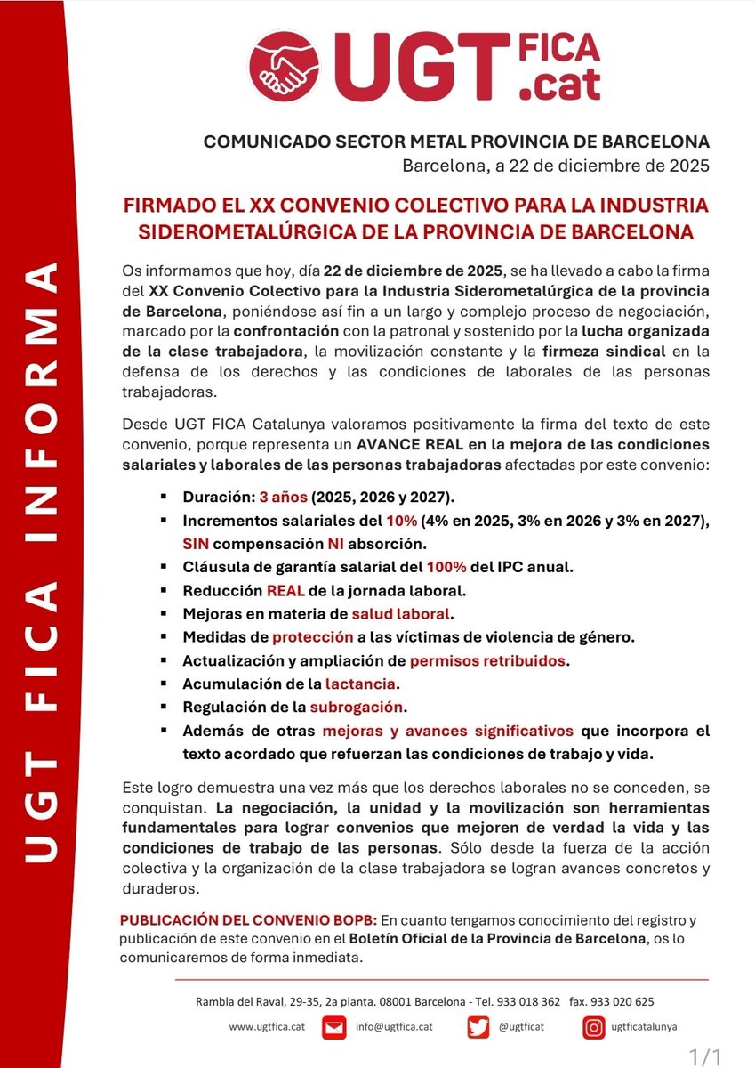 ugtficat's tweet photo. 🚨 FIRMA DEL XX CONVENIO DEL METAL DE BARCELONA

✅ 3 años de vigencia
📈 10% salarial sin compensación ni absorción
🔒 Garantía IPC 100%
⏱️ Reducción real de jornada
✊️Ampliación permisos
➕️ Mejoras y avances significativos
📢 Informaremos tras su publicación en el BOPB
👇 https://t.co/PFU6rpYAtO