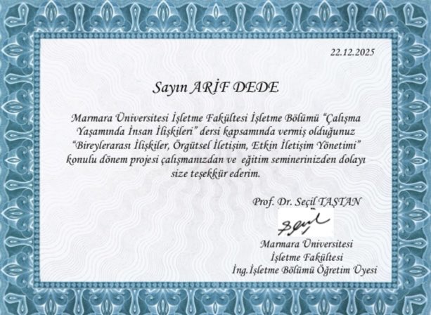 İŞİMİZ GÜCÜMÜZ EĞİTİM 
Marmara Üniversitesi İşletme Fakültesinde bugün İŞ YAŞAMINDA İNSAN İLİŞKİLERİ dersimizde BİREYLER ARASI İLİŞKİLER VE ÖRGÜTSEL İLETİŞİM, ETKİN İLETİŞİM konusunda sunumumuzu gerçekleştirdik. Nazik düşünceleri için Seçil Taştan hocama teşekkür ediyoruz