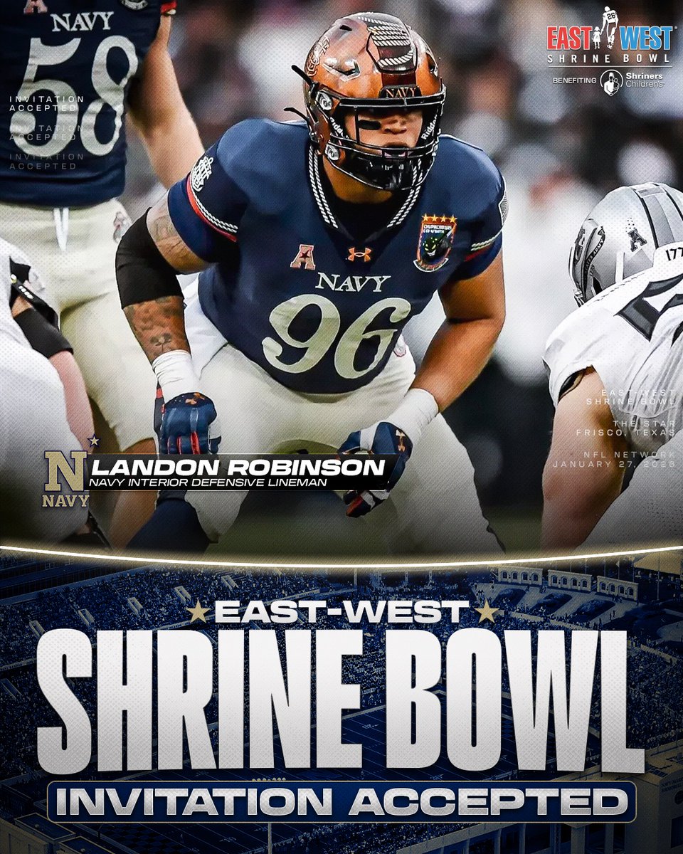 ShrineBowl's tweet image. Invitation Accepted

@NavyFB IDL Landon Robinson (@LandonRobinson) is headed to the East-West Shrine Bowl! ⚓️

#GoNavy | #ShrineBowlWHOSNEXT 😎