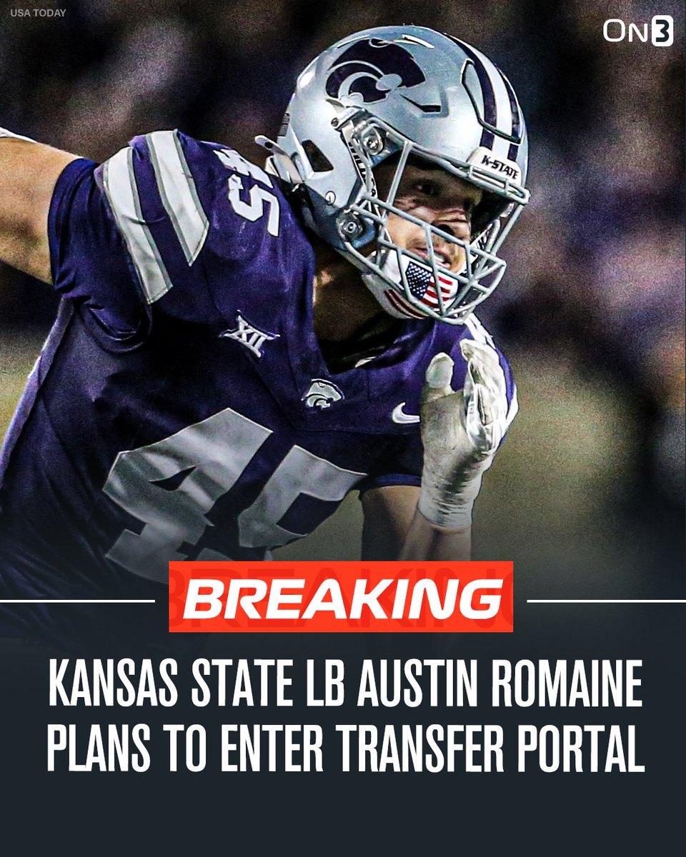TransferPortal's tweet image. NEW: Kansas State LB Austin Romaine plans to enter the NCAA transfer portal, CBS reports. 

Romaine totaled 66 tackles and 1 interception this season.

on3.com/news/kansas-st…
