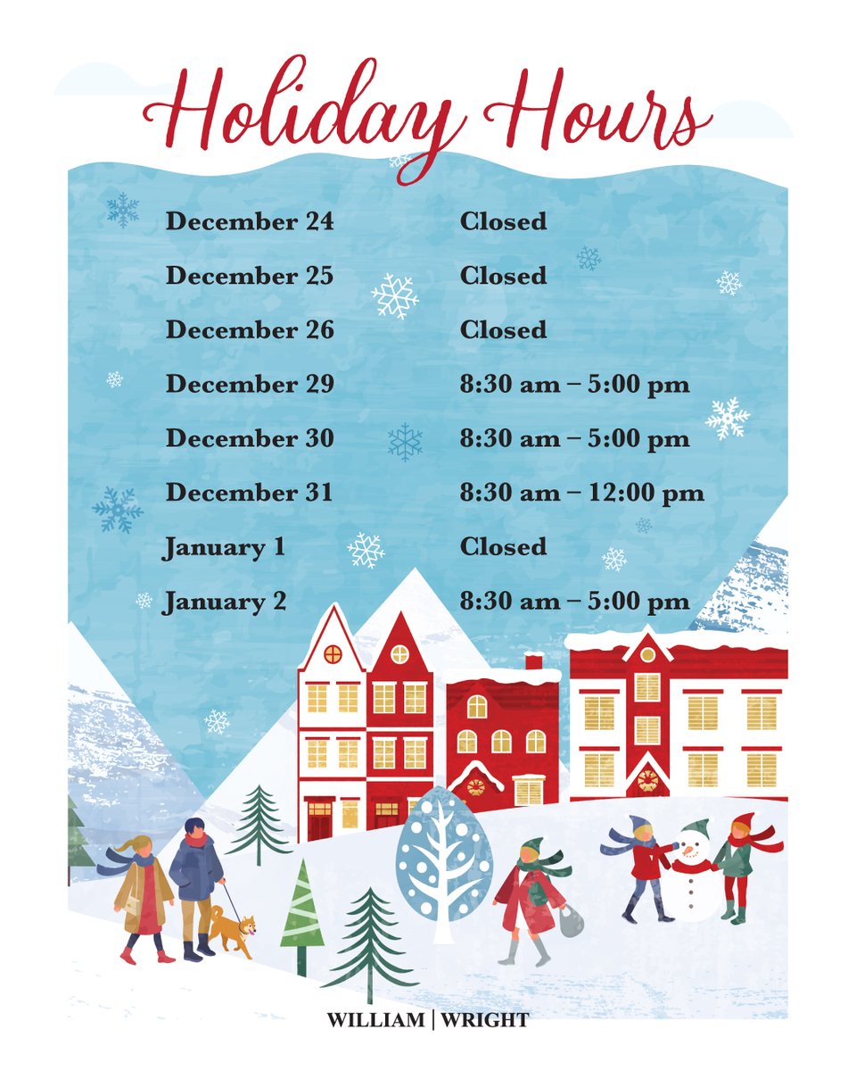On behalf of everyone at William Wright Commercial, we wish you all a very Merry Christmas and a Happy New Year! Please take note of our 2025 holiday hours for the season. 🎄

#WilliamWrightCommercial