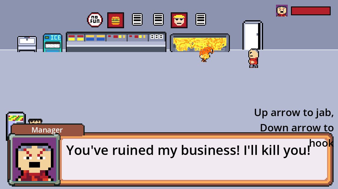 Jambuckett's tweet image. After messing around enough, the manager will appear and fist fight you

I'm gonna work on making their entrance "epic"

Maybe they boot the door off it's hinges, or their screams make the screen shake

They are the end of level boss

#bossbattle #videogameboss