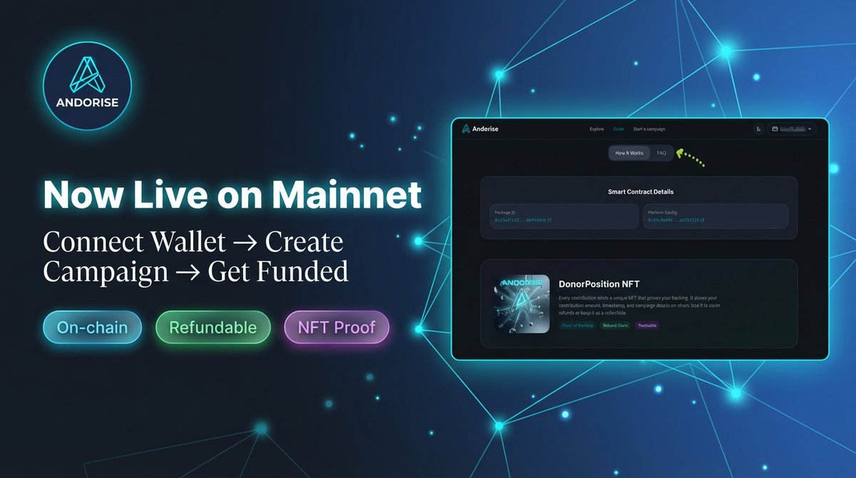 🚀 Andorise is LIVE on <a href="/SuiNetwork/">Sui</a> mainnet!

Create your campaign in minutes:
✅ 100% on-chain &amp; transparent
✅ Guaranteed refunds if goal isn't met
✅ NFT proof for every backer

Ready to fund your idea? Start here 👇
andorise.fund/guide

#SuiNetwork #BuildOnSui