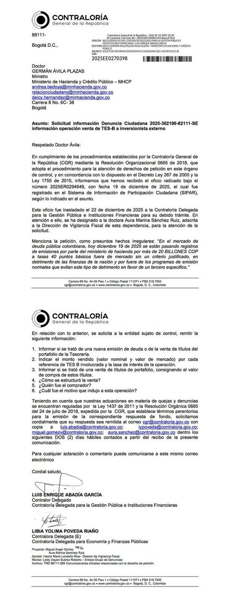 La Contraloría solicitó al MinHacienda explicación urgente sobre la venta de TES-B por más de 20 billones de pesos a un inversionista externo. 

¿Están ocultando información? Increíble que esto esté pasando en el país y que la Contraloría no tenga acceso a documentos de manera