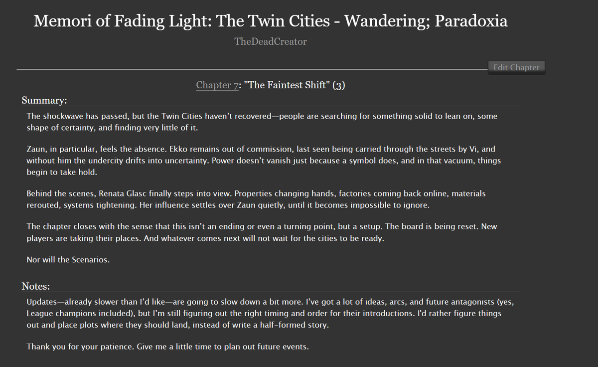 Memoir of Fading Light: The Twin Cities - Wandering; Paradoxia  

Book 1, Chapter 7: "The Faintest Shift" (3)  

The Shockwave has passed. 

(Do mind the Author Note.)

(REPOST: archiveofourown.org/works/73191291…)

I don't know how I forgot the link 😅