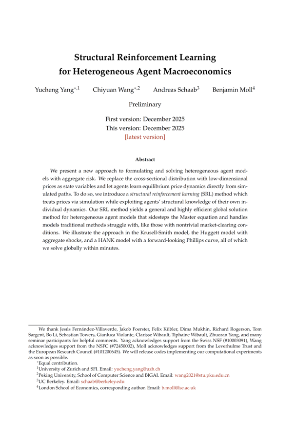 int_mon_econ's tweet image. Super interesting!

"Structural Reinforcement Learning for Heterogeneous Agent Macroeconomics" by Yucheng Yang, Chiyuan Wang, Andreas Schaab, and Benjamin Moll.

"We present a new approach to formulating and solving heterogeneous agent models with aggregate risk. We replace the…