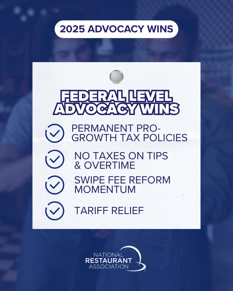 From Capitol Hill to city halls nationwide, the Association is working every day to protect and advance the restaurant industry. 🍽️

Throughout 2025, we helped secure permanent pro-growth tax policies, tariff relief, and pushed swipe fee reform forward, while protecting tips and