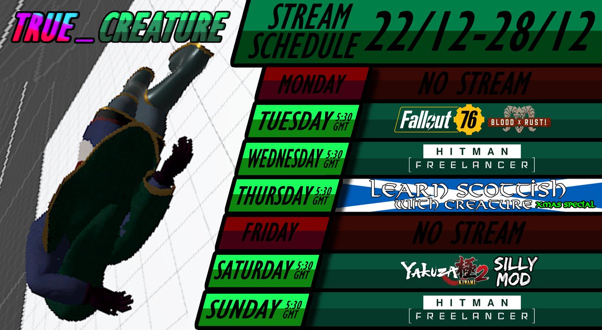 True_Creature's tweet image. a weeks worth of days