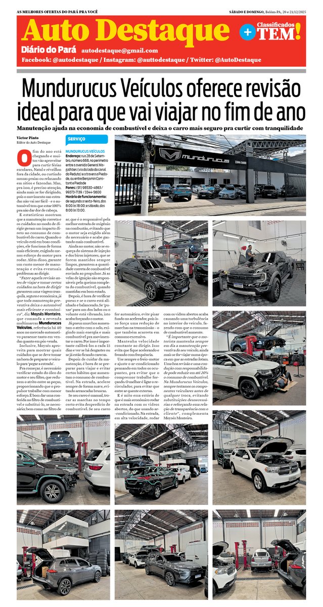 Para quem vai ‘pegar estrada’ para curtir o Natal e o Ano Novo, a Mundurucus Veículos oferece uma revisão especial para o seu veículo, que foi matéria na capa do caderno Auto Destaque do jornal Diário do Pará de 20 &amp; 21/12/2025 #AutoDestaque #MundurucusVeículos #DicasAutomotivas