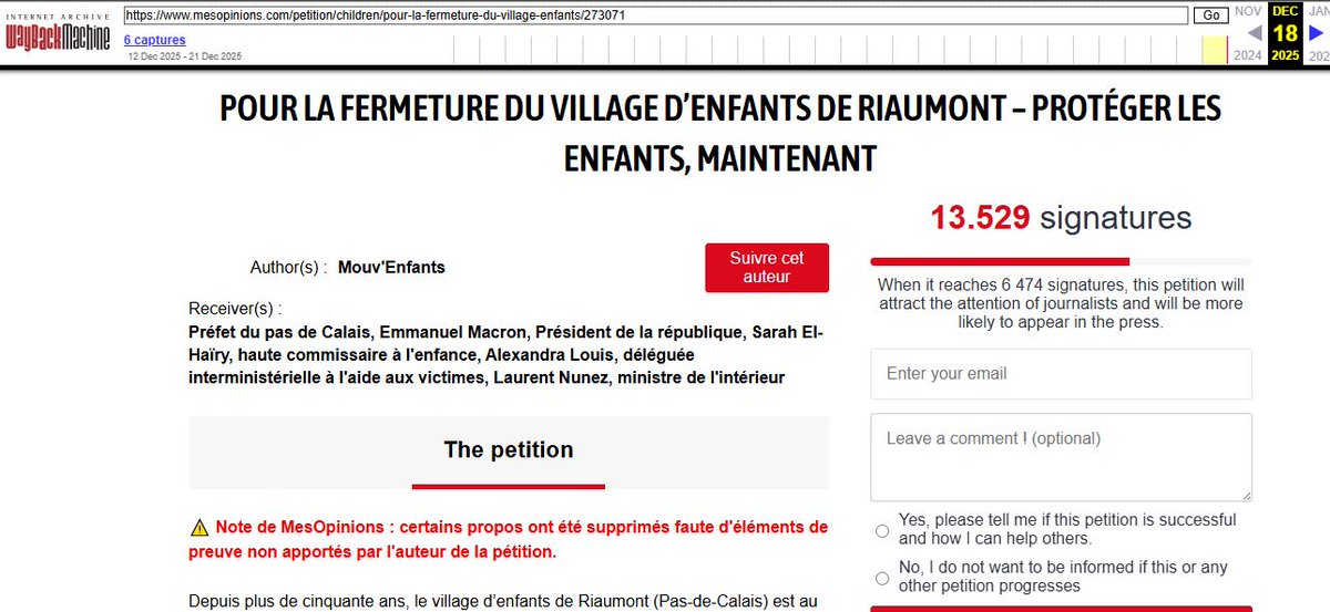 <a href="/8evemarie/">Evemarie</a> <a href="/arnaud_gallais/">Arnaud Gallais 🔆🙈🙉🙊🗣</a> <a href="/Riaumont/">☩ Я⚜️@ن Ⓜ♥ℵ✝</a> <a href="/mesopinions_com/">MesOpinions</a> Aucun mensonge mais un mépris total de ses signataires.
Cette pétition est un gag : ils en ont déjà changé le texte au moins 5 fois ! 

Il suffit de regarder les archives du web web.archive.org/web/2025121810…
A la date de notre message elle affichait cela... et puis cela change encore !