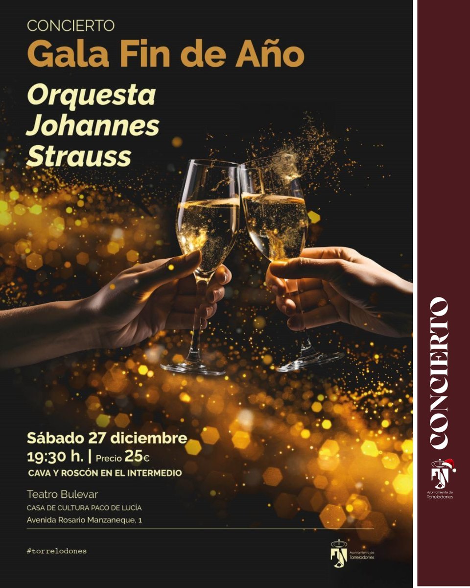 🎶✨ Últimas entradas para el Concierto Gala Fin de Año en Torrelodones.

Valses y polkas de Strauss, zarzuela y un final inolvidable con El Danubio azul y la Marcha Radetzky.

🥂 Roscón y champán en el intermedio.

📅 Sábado 27  | 19:30h

🎟️Entradas: es.patronbase.com/_Torrelodones/…
