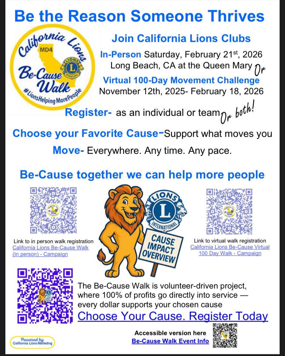 🥳 Join the virtual walk now and join us in person February 21 at the Queen Mary in Long Beach!
So many great Lions causes to support, including “Knights of the Blind” Team Vision, benefiting Lions Eye Foundation of California-Nevada, Inc. give.classy.org/California-Lio…