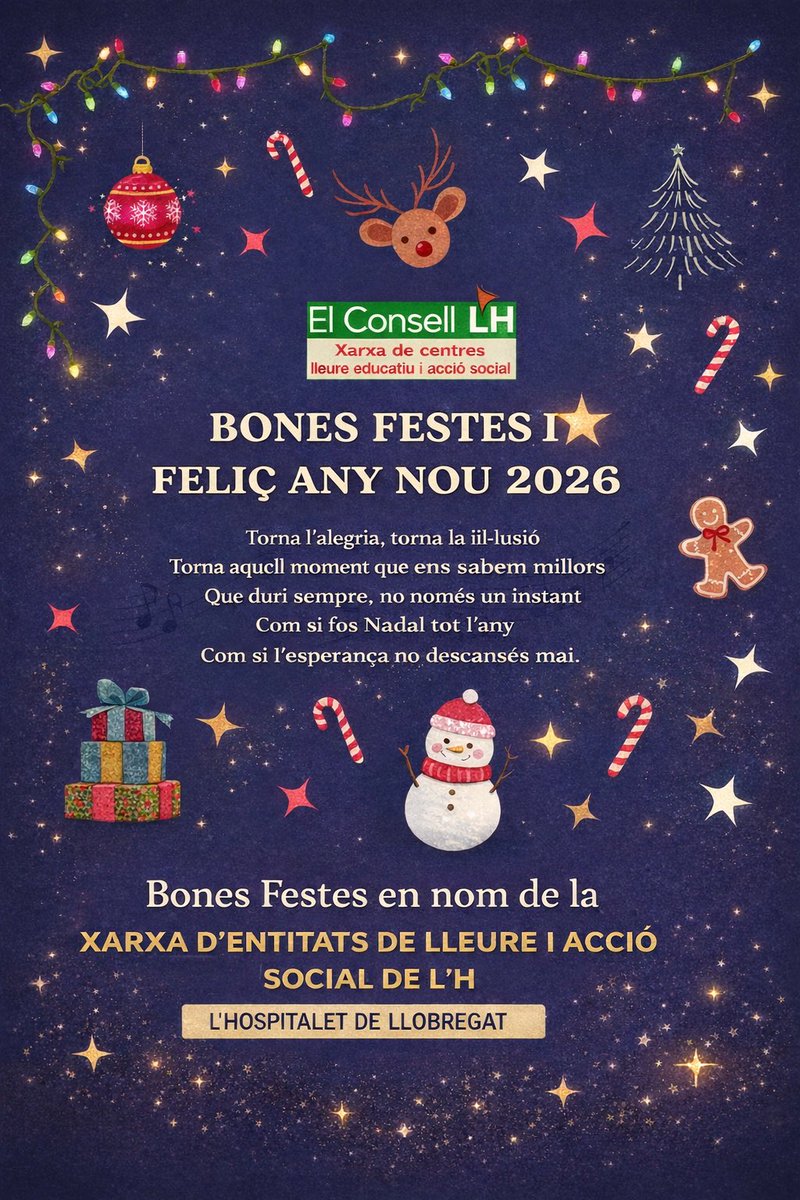 ConsellEsplaiLH's tweet image. Bones Festes 
Feliç Any Nou 2026 💚

En nom de totes les entitats que formen part del @ConsellEsplaiLH  de #LHospitalet