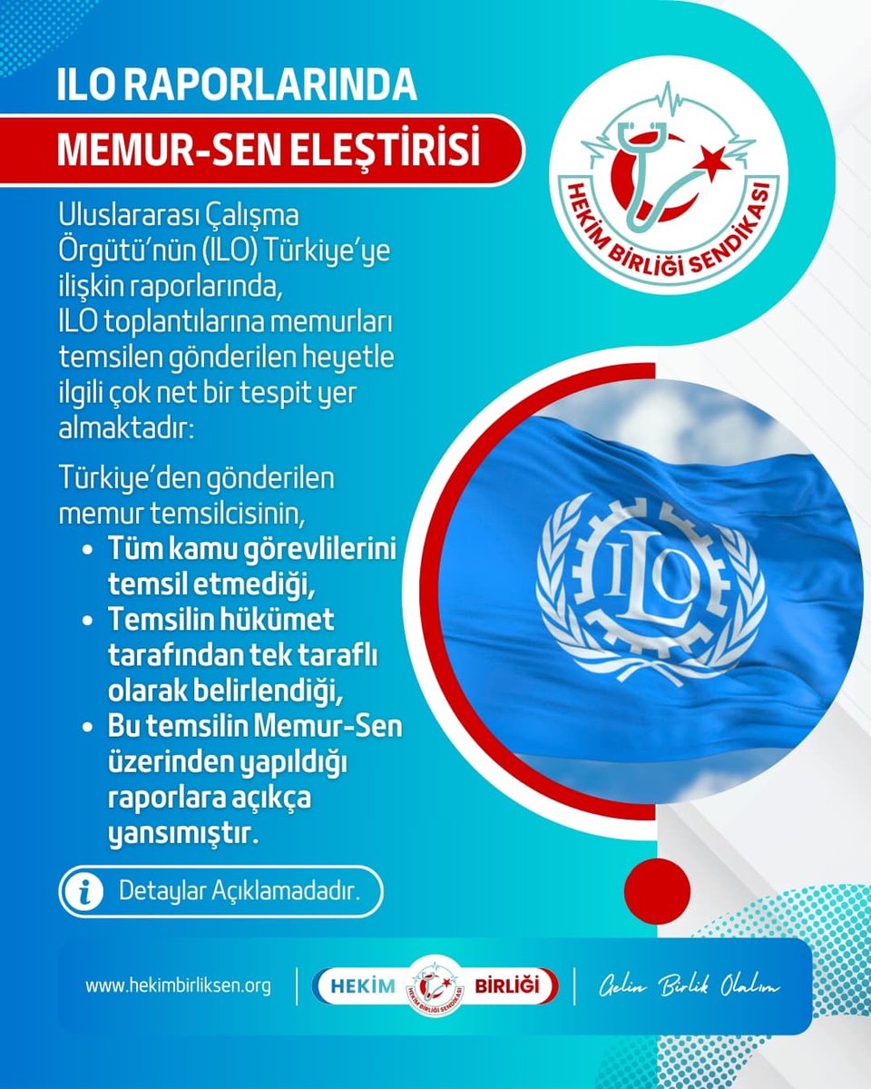 📢 ILO RAPORLARINDA MEMUR-SEN ELEŞTİRİSİ

Uluslararası Çalışma Örgütü’nün (ILO) Türkiye’ye ilişkin raporlarında,
ILO toplantılarına memurları temsilen gönderilen heyetle ilgili çok net bir tespit yer almaktadır:

➡️ Türkiye’den gönderilen memur temsilcisinin,
➡️ tüm kamu