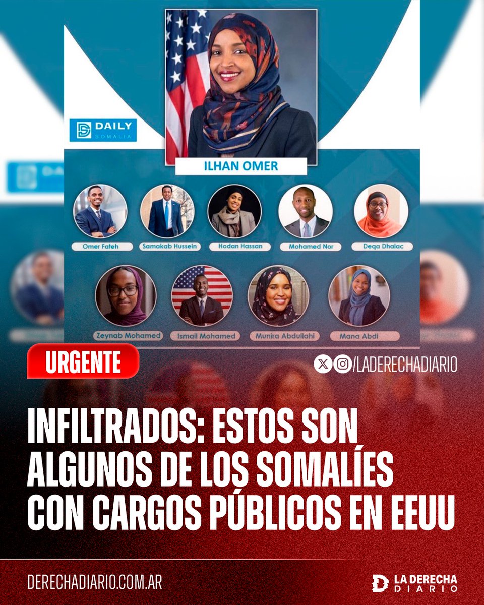 🚨🇺🇸🇸🇴 | INFILTRADOS: Estos son algunos de los inmigrantes somalíes con cargos públicos en Estados Unidos.

* Ilhan Omar: Representante nacional de Minnesota.
* Omar Fateh: Senador estatal de Minnesota.
* Samakab Hussein: Representante estatal de Minnesota.
* Hodan Hassan: