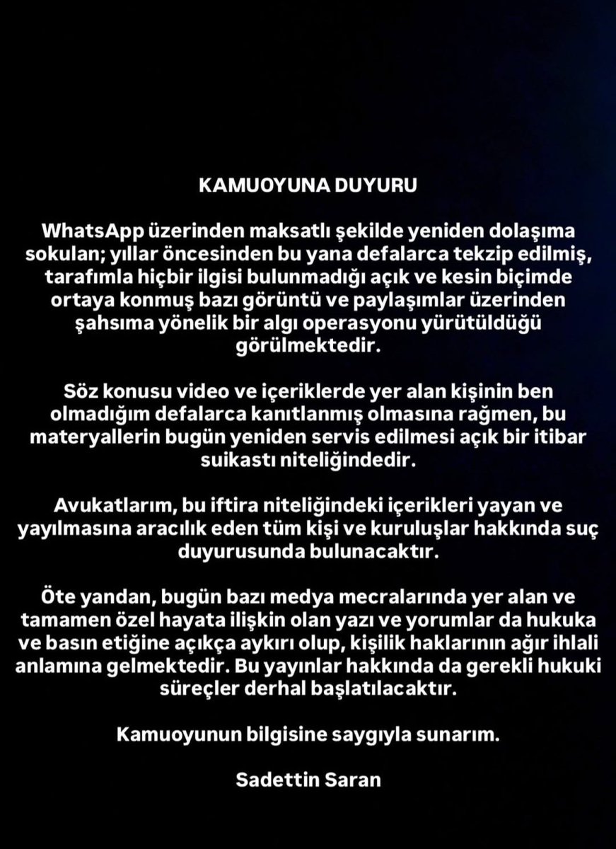 Başkanımız Sadettin Saran'ın Açıklaması;