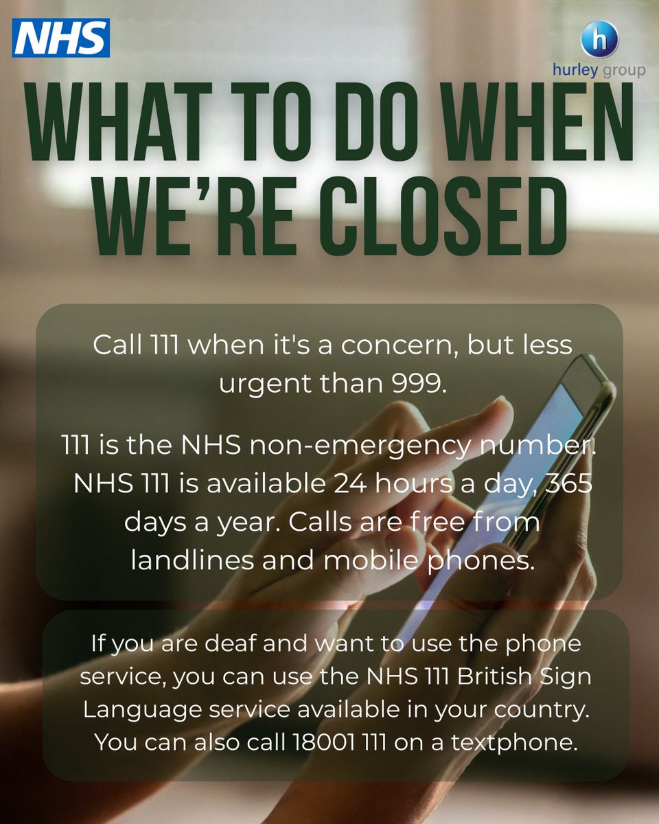 Our practices' opening times may differ during the holiday period. Please make sure to check with your practice. If you need our services when we are closed, call 111, the NHS non emergency number or check on our website to find your nearest urgent care centre.