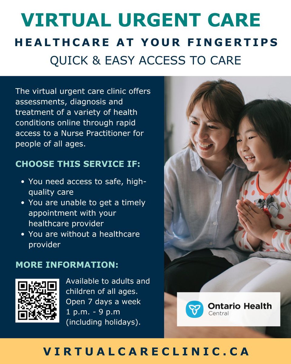 MuskokaAlmaguin's tweet image. Need care fast? Ontario Health Central’s Virtual Urgent Care connects you with a Nurse Practitioner for quick, high-quality support from home. 💻🩺 Perfect for non-emergency concerns when in-person care isn’t an option.

🌐 virtualcareclinic.ca 

#MAOHT #OHT #OntarioHealthTeam