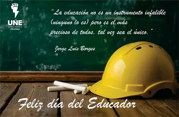 Mi más sincera felicitación a los  educadores que laboran en la Empresa Eléctrica de Granma y especialmente a la Unidad Empresarial de Base Formación y Desarrollo. Su labor es digna de reconocer y agasajar . 

Felíz día del Educador. 
<a href="/EnergiaMinasCub/">Ministerio de Energía y Minas de Cuba 🇨🇺</a> 
<a href="/granma_empresa/">Empresa Eléctrica de Granma</a> 
<a href="/OSDE_UNE/">Unión Eléctrica de Cuba</a>
