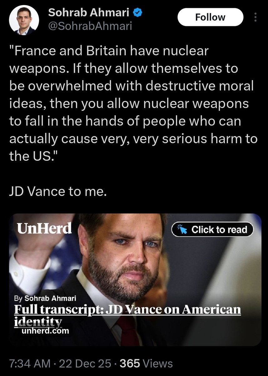 I find it very odd that JD Vance is more concerned about the possibility of French &amp; British nukes falling into the wrong hands than he is about Russian &amp; Chinese nukes currently being in enemy hands.