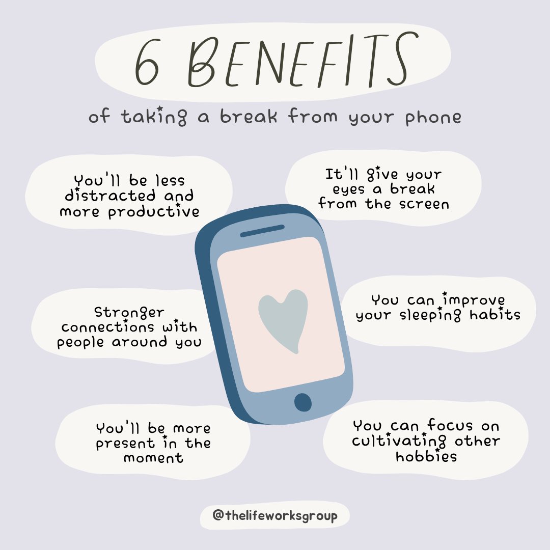 LifeWorksFL's tweet image. 📵 6 Benefits of Taking a Break from Your Phone 📵
Unplug to recharge—your mind and body will thank you.
Your phone can wait. Your mental health can’t. 💛
#DigitalDetox #MindfulLiving #MentalHealthMatters #UnplugToRecharge #HealthyHabits