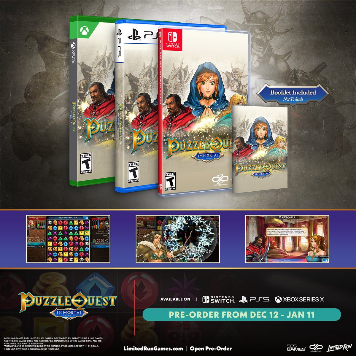 LimitedRunGames's tweet image. Pre-orders for the physical edition of Puzzle Quest: Immortal Edition are live for PlayStation 5, Nintendo Switch, and Xbox Series X! 

Choose your class, level up, and come up with strategies to conquer challenging foes. Don't miss out!

More info here: bit.ly/3XHC3Ru
