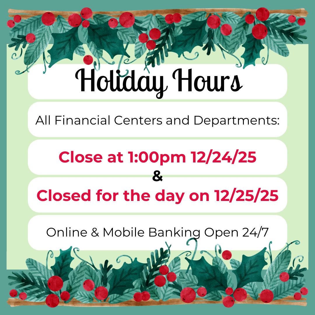 WeFLFinancial's tweet photo. 🎄Christmas Closure Notice🎄

In observance of Christmas, all our financial centers will be closing at 1pm on  Wednesday, December 24th &amp; closed all day on December 25th.

Online &amp; mobile banking are available 24/7.  We will resume normal business hours on Friday, December 26th . https://t.co/rRsMABCHQW