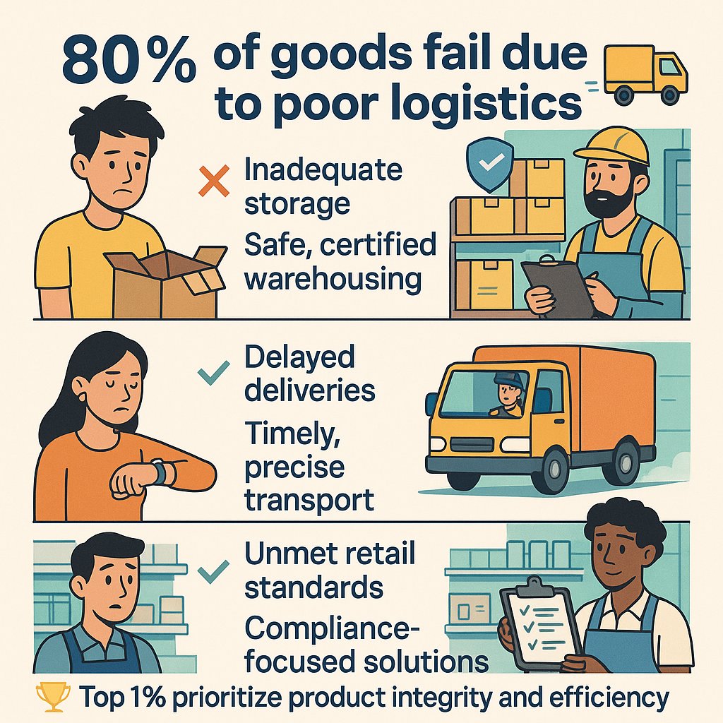 80% of goods fail due to poor logistics. 🚚💨  
❌ Inadequate storage vs. Safe, certified warehousing.  
❌ Delayed deliveries vs. Timely, precise transport.  
❌ Unmet retail standards vs. Compliance-focused solutions.  

Top 1% prioritize product integrity and efficiency. 🏆