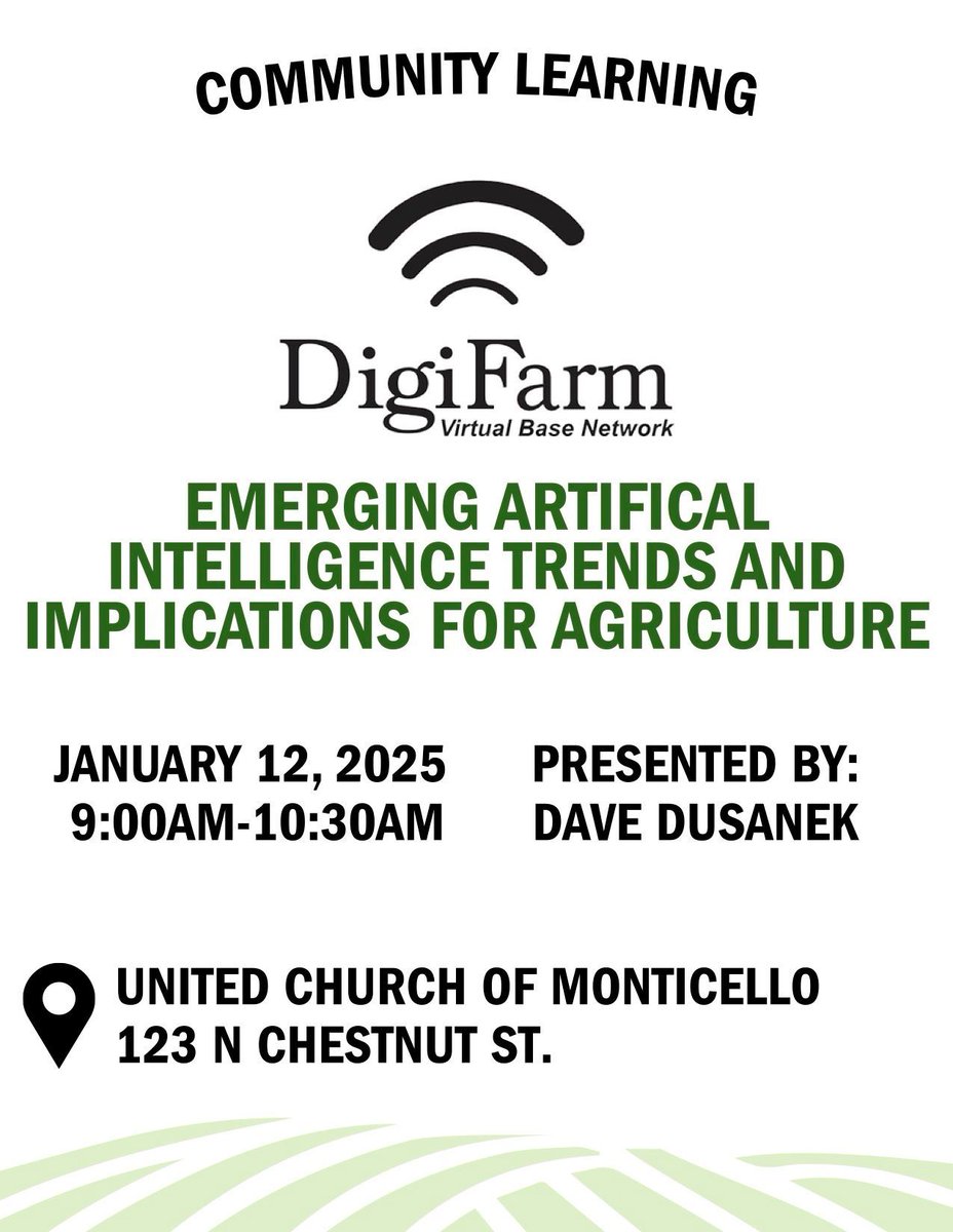 JonesCountyDems's tweet image. Save The Date!

Emerging Artificial Intelligence (AI)  and Implications for Agriculture
January 12, 2026, at 10am.
United Church of Monticello, 123 North Chestnut

The public is invited to learn about these emerging trends and ask questions.  

Free and open to the public.