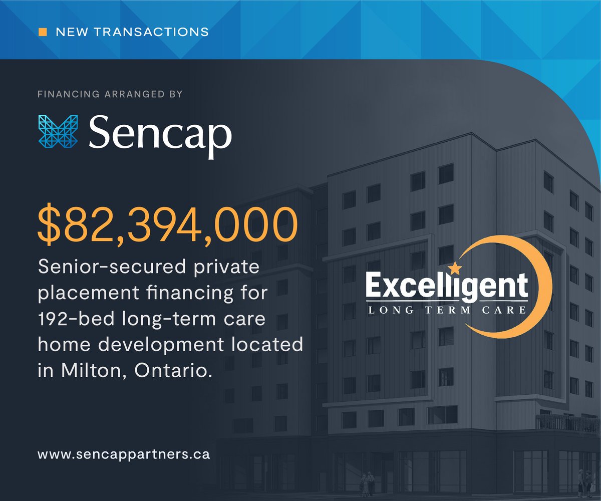 SencapPartners's tweet photo. Sencap is pleased to announce the closing of an $82.4M project financing for Excelligent Care’s 192-bed LTC home in Milton, Ont., a project supported by the @ONlongtermcare. 

🔴 Read more: https://t.co/p8xQYSFF6W

#Sencap #ProjectFinance #LTC https://t.co/ggajlgORqF