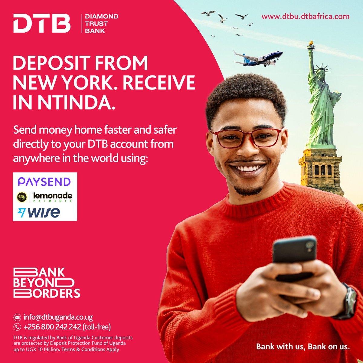 dtb_uganda's tweet photo. Distance doesn’t define how present you can be.
With DTB, you can support the ones you love back home by sending money quickly and securely, straight into a DTB account, no matter where life takes you.
Because caring knows no borders.
#BankBeyondBorders #BankWithUsBankOnUs https://t.co/hovKnTvcA6