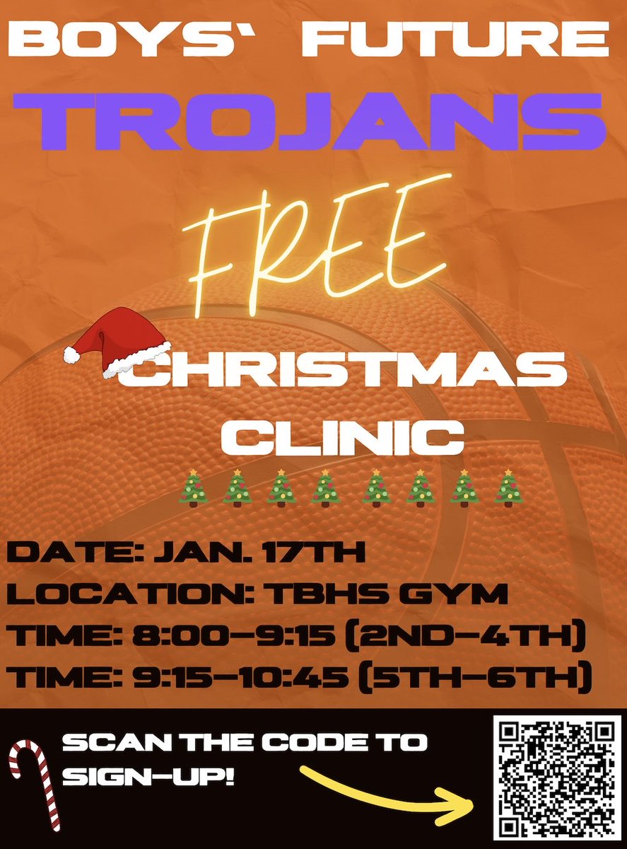 TBHS_Boys_Hoops's tweet image. 🚨 Attention Future Trojans! 🚨

We’re thrilled to announce our Christmas Clinic date! 🎄🎅 Join us for a day of skills, contests, and holiday giveaways. 🎁

Best part? It is 100% FREE to register!

🔗Secure your spot here: forms.gle/fsQkDaMXx122Wn…