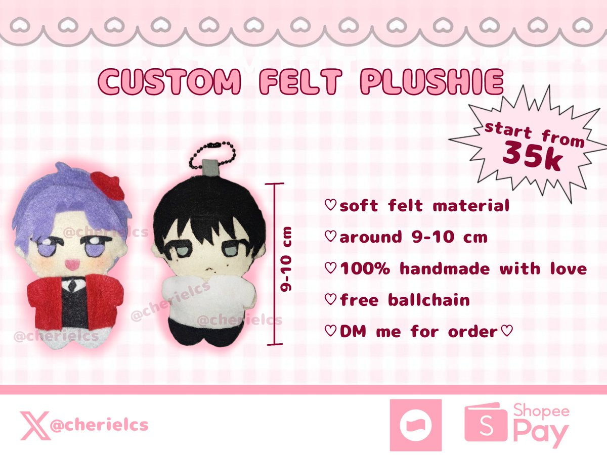 cherielcs's tweet image. [❤️ &amp;amp; 🔄 are appreciated!]
CUSTOM FELT PLUSHIE ❗
You can request ur fav character, and feel free to ask. If you're interested pleasee send me a direct message 💌

#custom #plushie #warunganime #TSHD #LoveandDeepspace