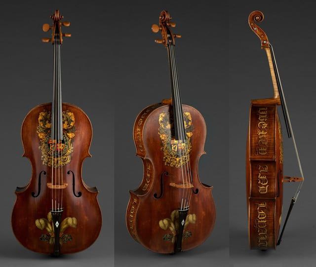 Royal George", a cello made for King George IV, with the words LIBERTY AND LOYALTY on the sides. Made by William Forster. United Kingdom, 1782.