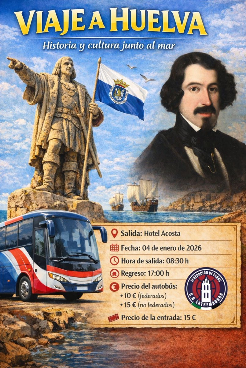 Que empiece 2026 como debe empezar:
🚌 carretera
🎶 cánticos
⚽ fútbol
📍 Huelva | 4 de enero
Los que estén interesados pueden contactar en:
📞 692 851 013 / 669 742 688
federacioncdextremadura@gmail.com
¿Te vienes?