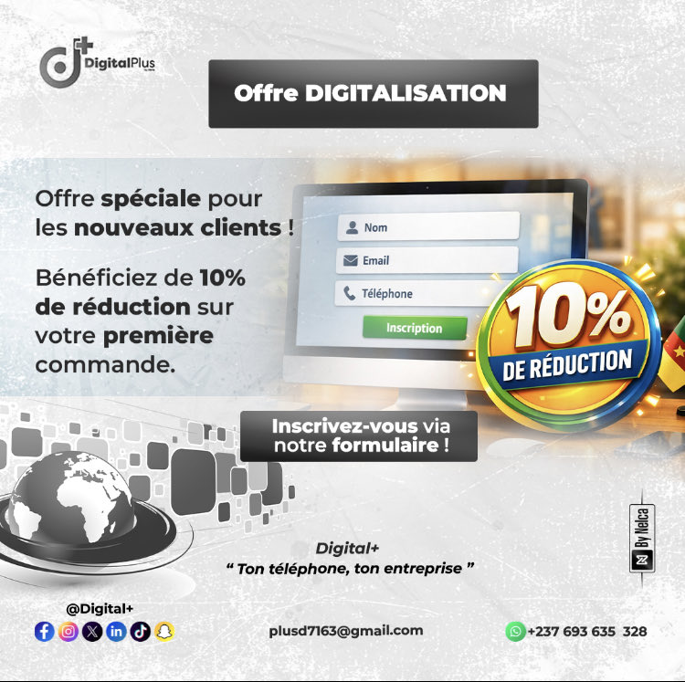 Digitalplus237's tweet image. 🌟💥 OFFRE DIGITALISATION EXCLUSIVE ! 🔥 

10% DE RÉDUCTION pour les nouveaux clients ! 

Boostez votre business en ligne avec #DigitalPlus 😎! 

👉 Inscrivez-vous : forms.gle/Fd9qVntYTdAB7V…

 #OffreSpéciale #NouveauxClients #HeraAgenceDigital"