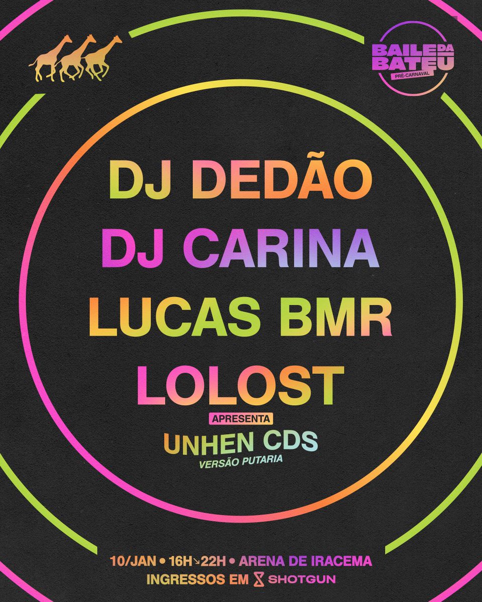 🚨 BAILE DA BATEU - pré-carnaval
🗓️ 10 de janeiro de 2026
🕓 de 16 as 22h
🎧 LINE-UP CONFIRMADO

tá chegando a nossa PRIMEIRA festa do ano. 6 horas só de funk!

se liga em quem vai comandar nossa pista:

<a href="/djdedao/">Dj Dedão</a> (SP)
<a href="/eucarina_/">Carina</a>
<a href="/djlolost/">lorena fernandes</a>
<a href="/bmrlucas/">Brendan</a> 

🎟️ shotgun.live