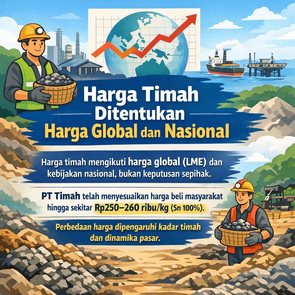 Pergerakan harga timah dunia memang dinamis, tergantung kondisi pasar internasional. Namun PT Timah tetap mengutamakan fairness dengan memastikan mitra dan penambang menerima harga terbaik.