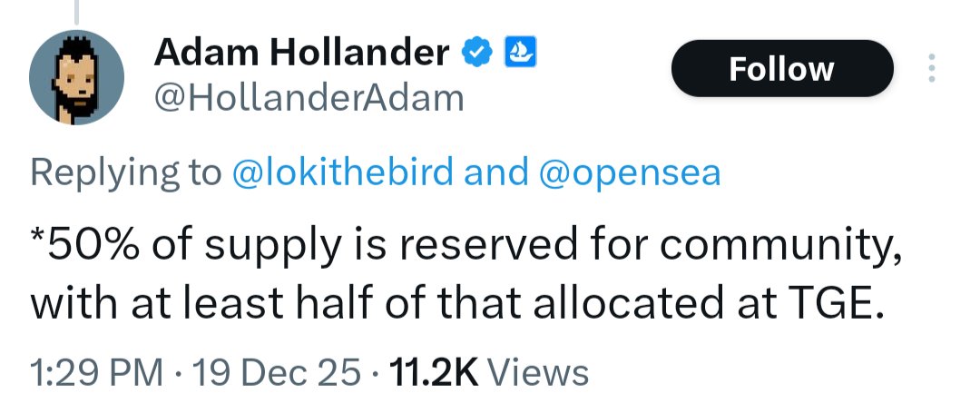 He says "Allocated". That doesn't mean you will be getting them upon TGE. 

A good chunk will likely be locked behind more voyages 🤡

Snakes like <a href="/HollanderAdam/">Adam Hollander</a> and <a href="/dfinzer/">dfinzer.eth | opensea</a> think they are slick when they use language like this against you $sea