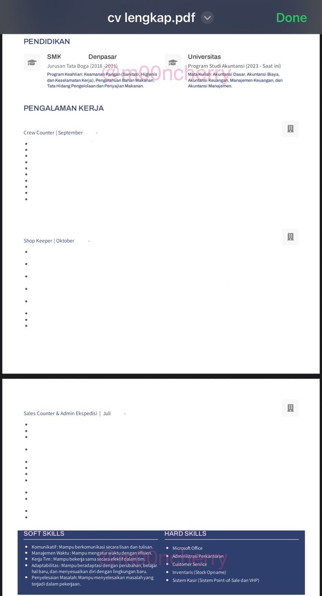 m00ncherry's tweet image. Hi aku lupa punya utang ini hahaha🤗

Ini ya CV sepupu aku. Yang lulusan SMA SMK boleh merapat dan contek aja kl mau 🫶

Aku buatkan “sesuai” dg jenjang pendidikannya ya dan bhs Indonesia karena dia ngga berani in English 🤗❤️

Leave questions klo ada, i’ll reply 🥰