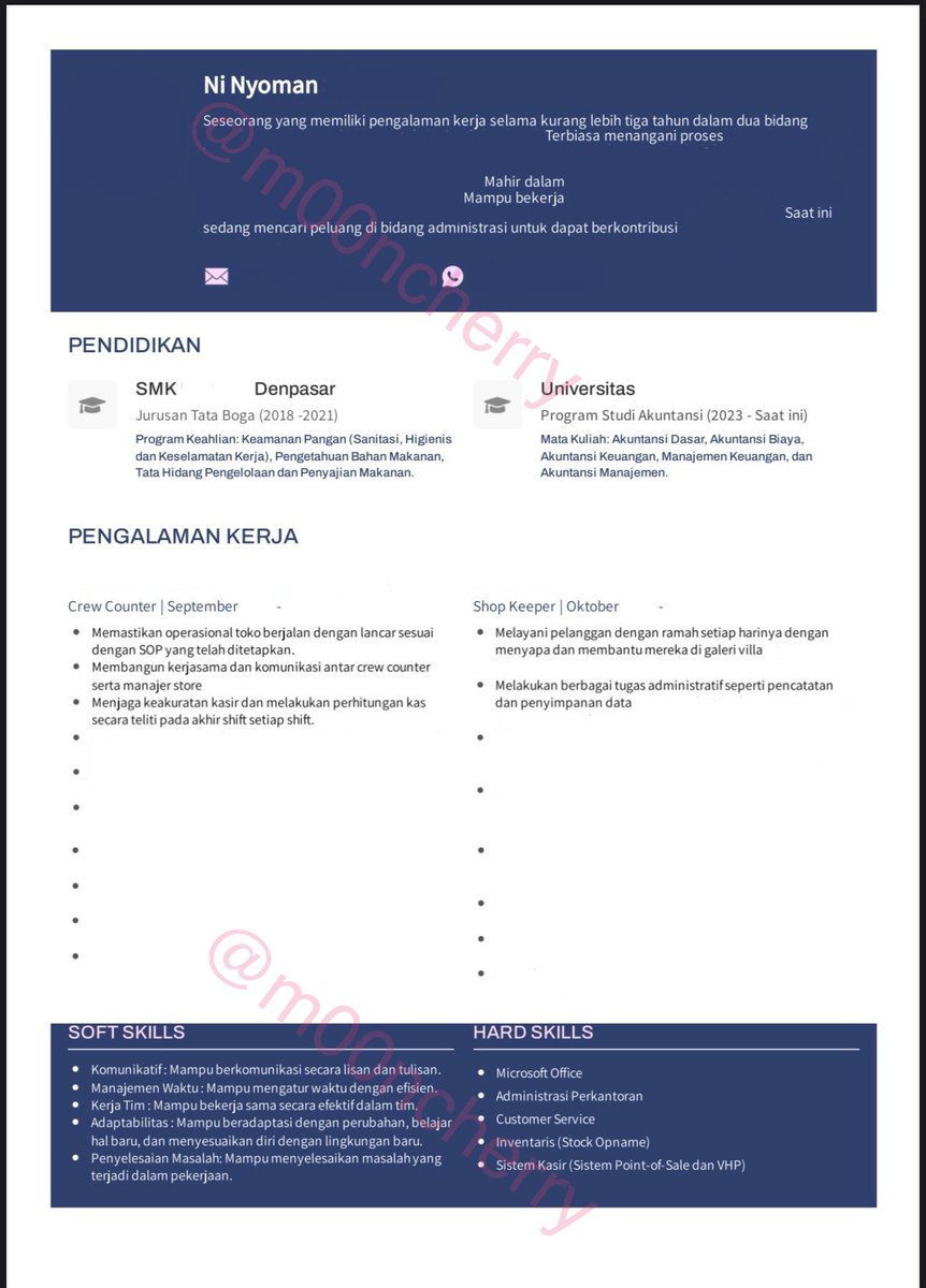 m00ncherry's tweet image. Hi aku lupa punya utang ini hahaha🤗

Ini ya CV sepupu aku. Yang lulusan SMA SMK boleh merapat dan contek aja kl mau 🫶

Aku buatkan “sesuai” dg jenjang pendidikannya ya dan bhs Indonesia karena dia ngga berani in English 🤗❤️

Leave questions klo ada, i’ll reply 🥰
