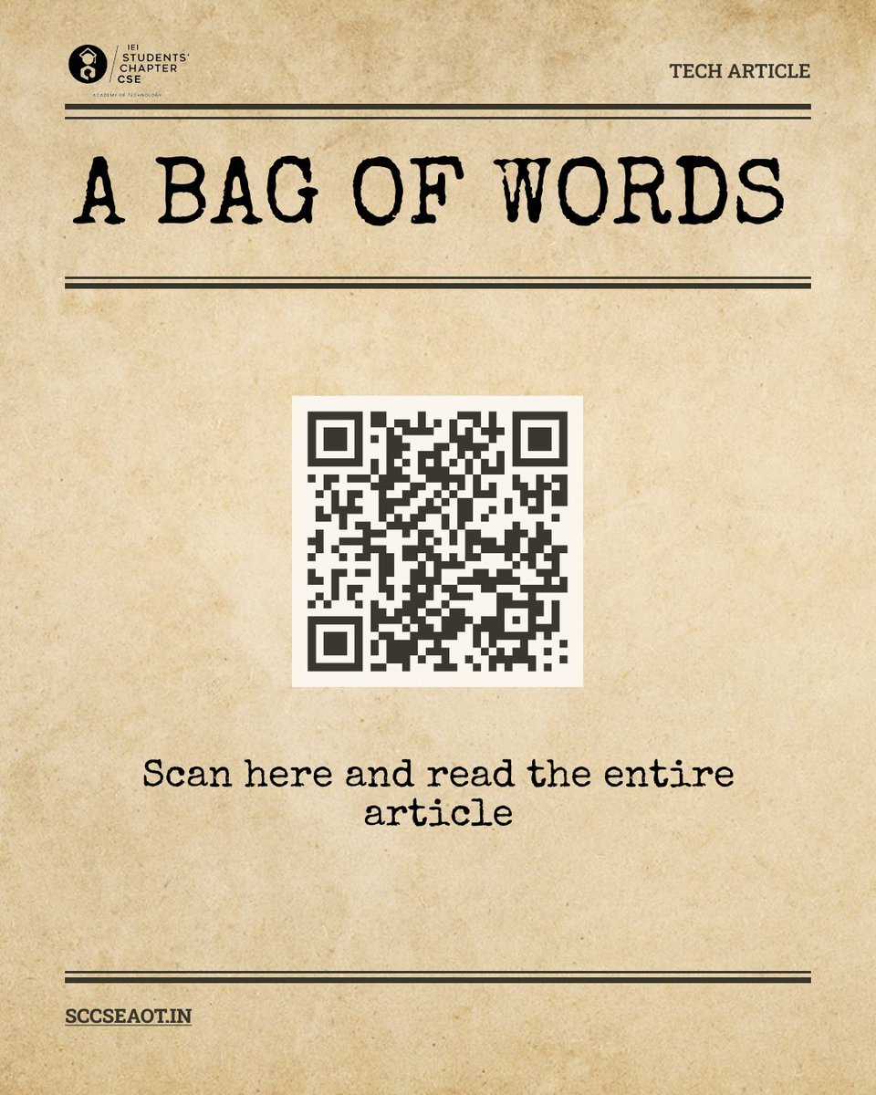 Bag of Words in NLP 🧠✨
Turning text into numbers—simple and powerful.

Scan the QR or click the link to learn more: 
hashnode.com/preview/693beb…

#NLP #MachineLearning #AI #BagOfWords #TechArticle
#SCCSE #AcademyOfTechnology