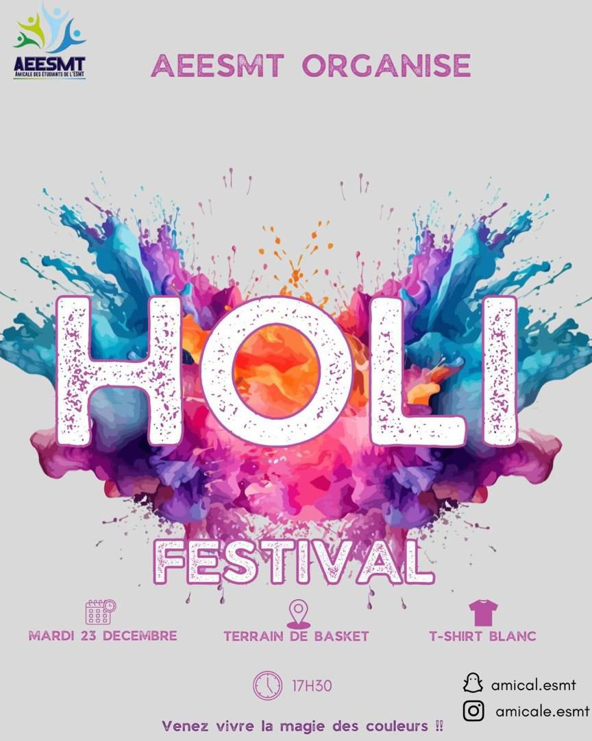 AmicaleEsmt's tweet photo. 🎨 Le retour du HOLI ! Rendez-vous à 17h pour une explosion de couleurs. Sortez vos t-shirts blancs et préparez-vous pour la bataille la plus colorée de l'année ! 🔥 https://t.co/4nCrh8feOQ