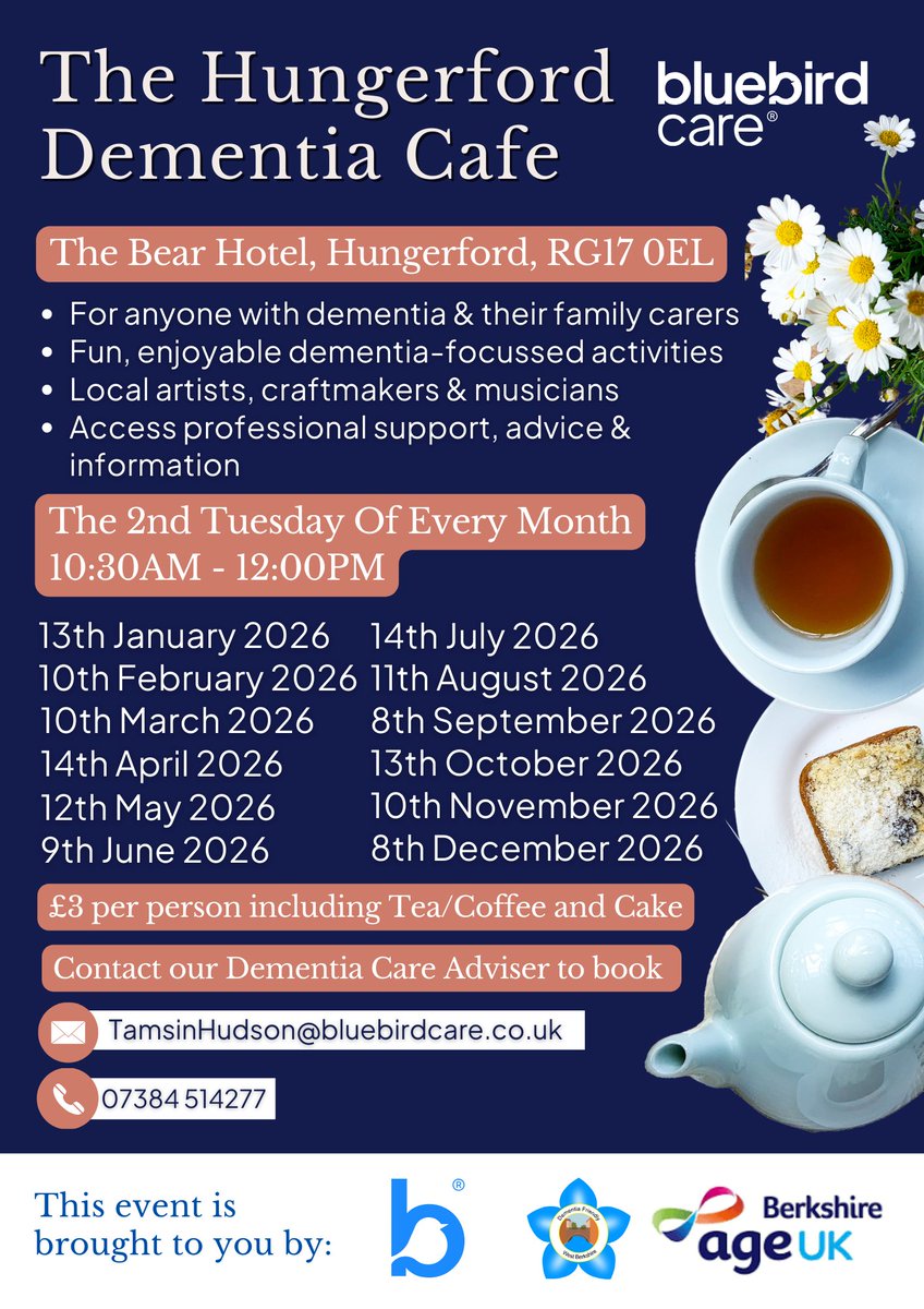 The Hungerford Dementia Café is back on Tuesday, 13th January.🎊

🤔When?
13/01/2026, 10:30AM - 12:00PM.
🗺Where?
The Bear Hotel, Hungerford, RG17 0EL

Book your place👇
✉️TamsinHudson@bluebirdcare.co.uk
☎️07384 514277

#DementiaCare #Cafe #Dementia #Care #HomeCare #Health #Home