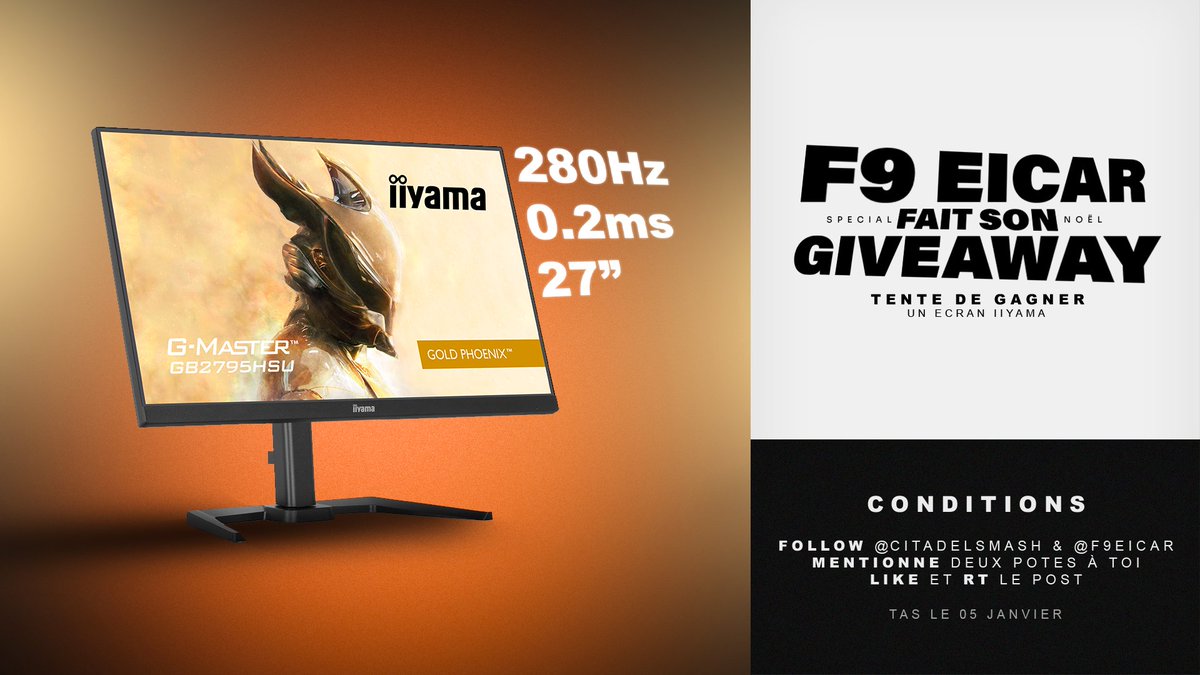 GIVEAWAY ÉCRAN 🎁

Les cadeaux continuent… et ce n’est pas n’importe lequel 👀

Tente de remporter un écran IIyama G-Master 27 ! 😎

Pour participer au concours :

🔸 Follow <a href="/F9EICAR/">F9 EICAR</a> + <a href="/CitadelSmash/">CITADEL SMASH</a> 
🔸 Mentionne deux potes à toi
🔸 Like et RT le post 

TAS : 05/01/26

Bonne