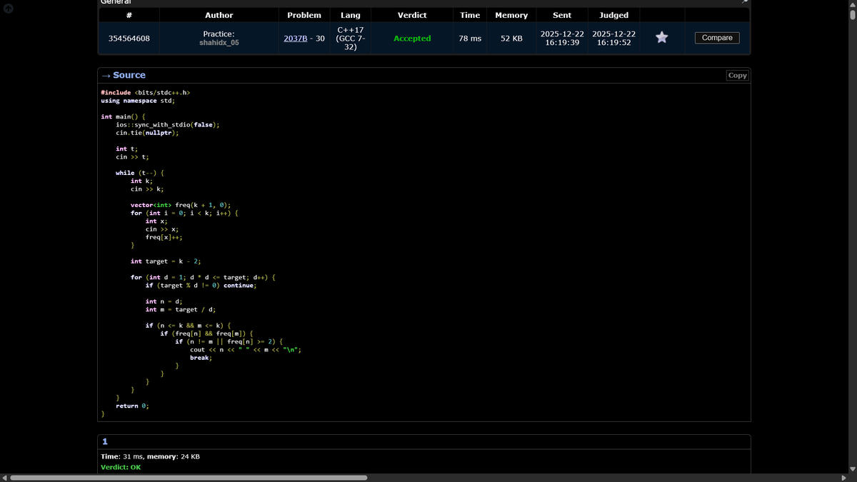shahidx_05's tweet image. Day 282 – #365DaysOfCode

✅ Min Length of String After Ops
✅ Distribute Candies
✅ Row with Max 1s
✅ Codeforces 2037B

#DSA #LeetCode #GfG #Codeforces #CompetitiveProgramming  #ProblemSolving #LearnInPublic #BuildInPublic