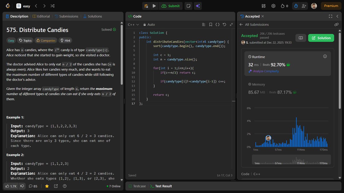 shahidx_05's tweet image. Day 282 – #365DaysOfCode

✅ Min Length of String After Ops
✅ Distribute Candies
✅ Row with Max 1s
✅ Codeforces 2037B

#DSA #LeetCode #GfG #Codeforces #CompetitiveProgramming  #ProblemSolving #LearnInPublic #BuildInPublic