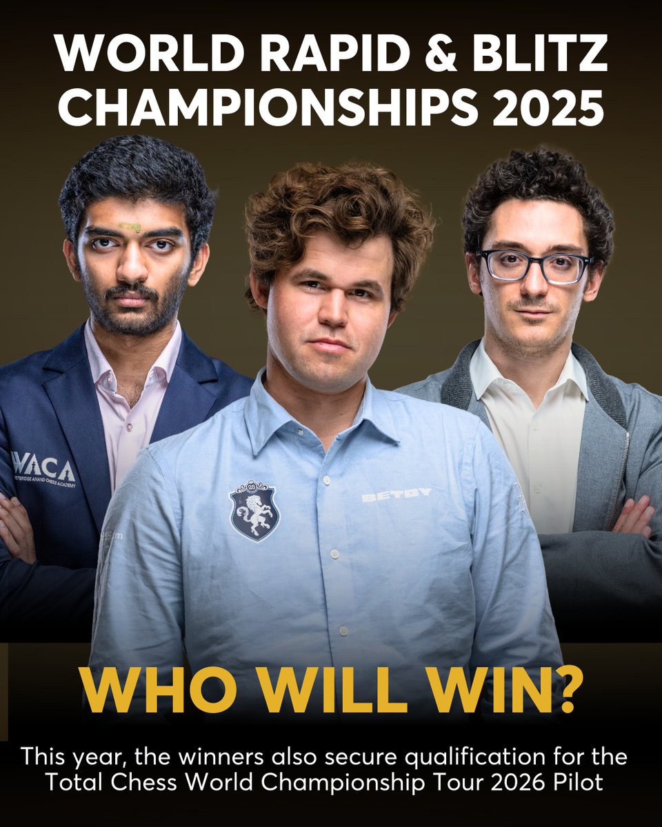 Speed decides everything ♟️⚡

From Magnus Carlsen, World Champion Gukesh D, and Fabiano Caruana to Nodirbek Abdusattorov and Arjun Erigaisi, the world’s best take on World Rapid &amp; Blitz 2025, December 26-30.

This year, the winners do not just take the title.
The three Rapid