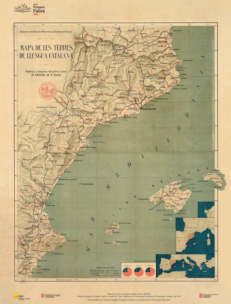 "Mapa de les terres de llengua  catalana"
Any 1921
Publicat pel Dr. Antoni de P. Aleu.
Publicacions de l’Associació Protectora de l’Ensenyança Catalana, clausurada i confiscada pels ocupants el 1939
